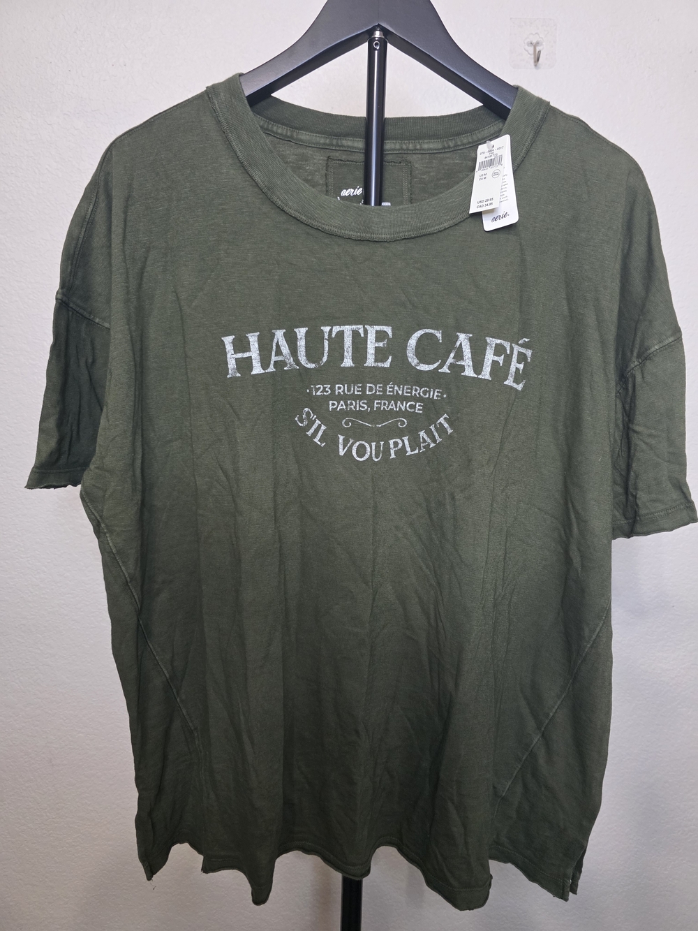 NWT Aerie Oversized Haute Café Paris Graphic Boyfriend T-Shirt Olive Green M